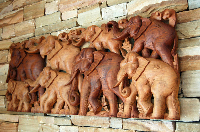 Carved Elephant Herd Family Teak Wood Wall Carving w/ hangers