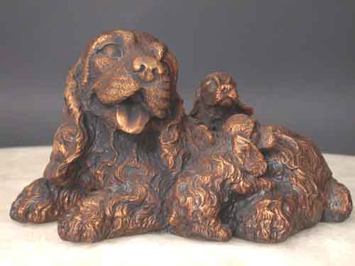 Bronze Dog Cocker Spaniel Dog w/ Puppies Sculpture