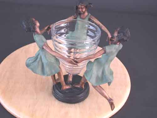 Image 1 of Bronze Centerpiece Sculpture Young Girls Dancing w/ Glass Vase